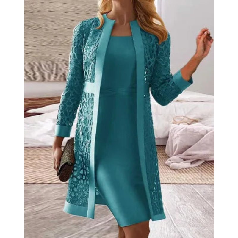 Elana – Robe élégante deux pièces avec cardigan ouvert et manches longues