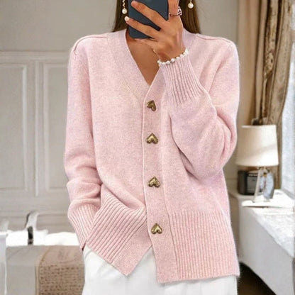 Olivia – V Neck Knitted Cardigan With Heart Shaped Buttons