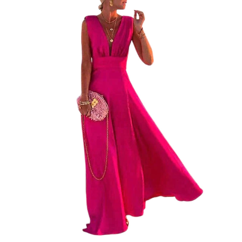 Robe longue sans manches à col V avec jupe fluide