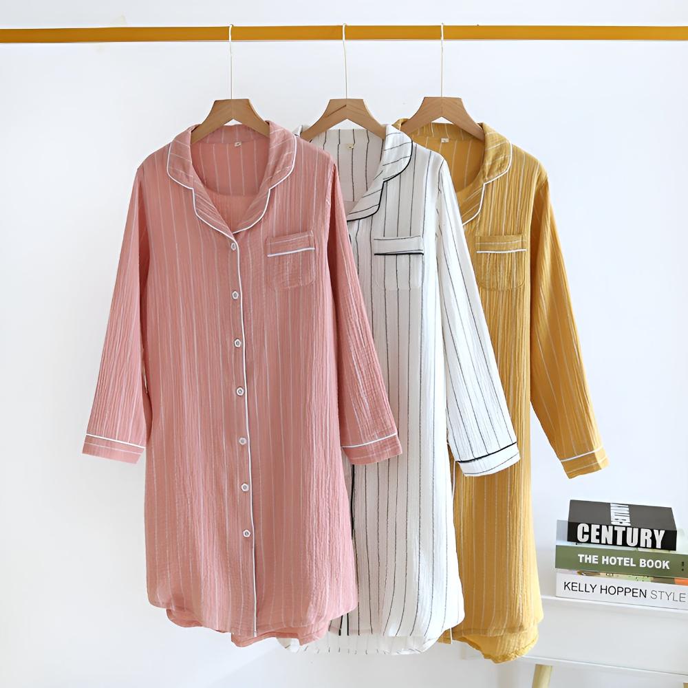 Pastel-Striped Cotton Nightdress – Soft Comfortable Sleepwear