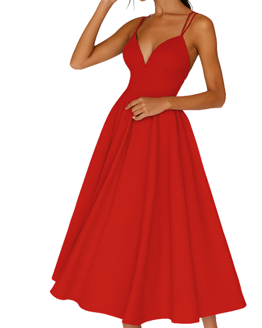 Robe Midi Élégante pour Invitée de Mariage Femme – Robe Flare Plissée à Décolleté V et Bretelles
