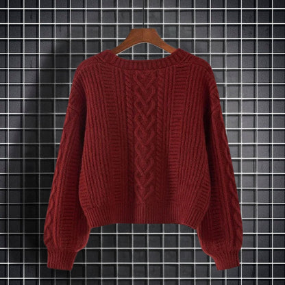 Carys – Long Sleeve Cable Pattern Sweater with V Neck