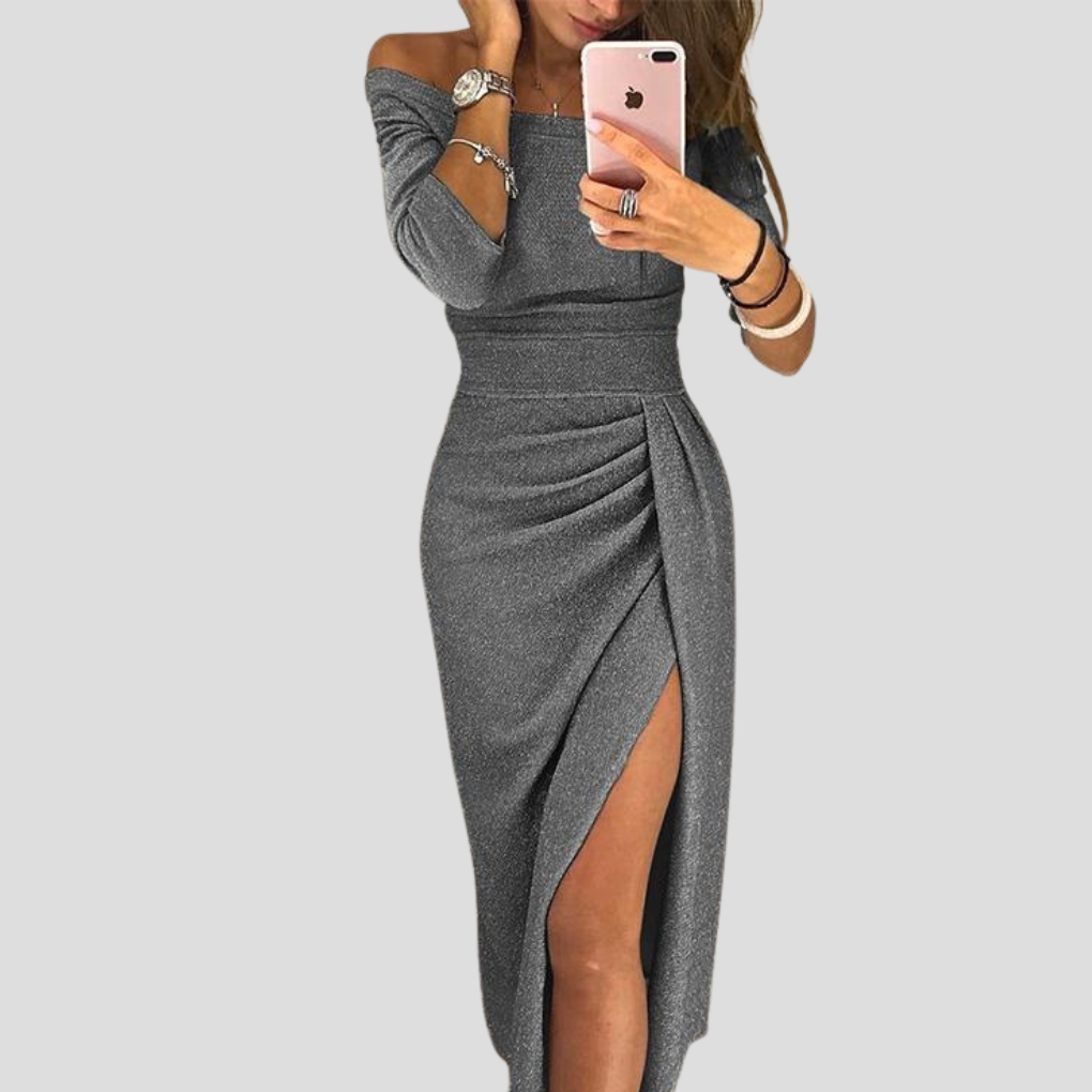 Sienna | Women’s Off-Shoulder Glitter Midi Evening Dress