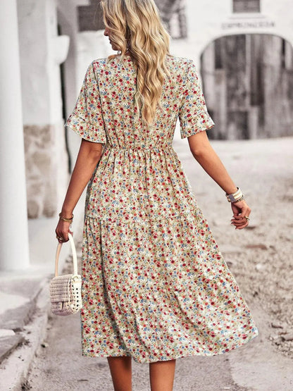Robe Midi Fleurie Femme à Col V – Robe d’Été Légère à Manches Courtes