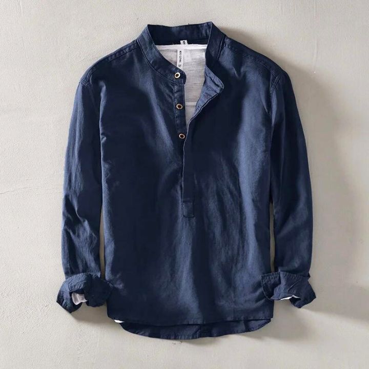 Luca | Long Sleeve Henley Linen Shirt