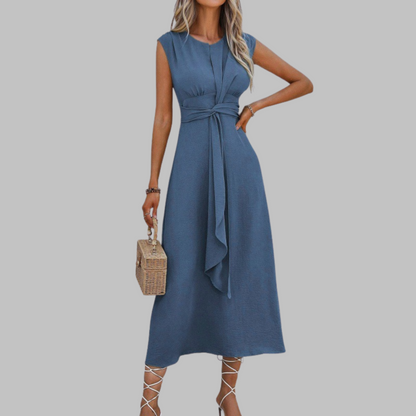Women's Belted Midi Dress Sleeveless Round Neck A-Line