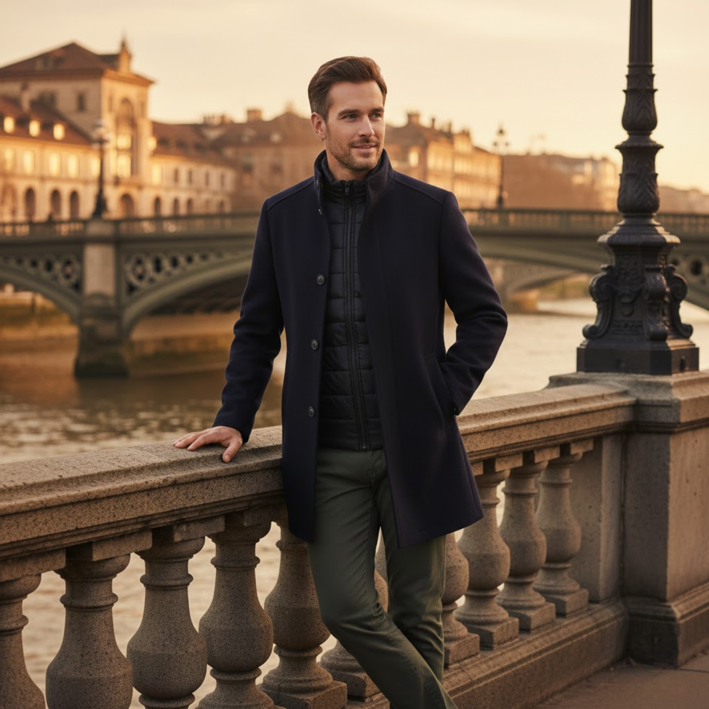 Manteau long en laine à col montant et double boutonnage