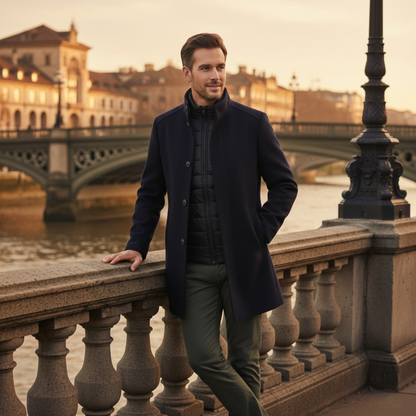 Manteau long en laine à col montant et double boutonnage