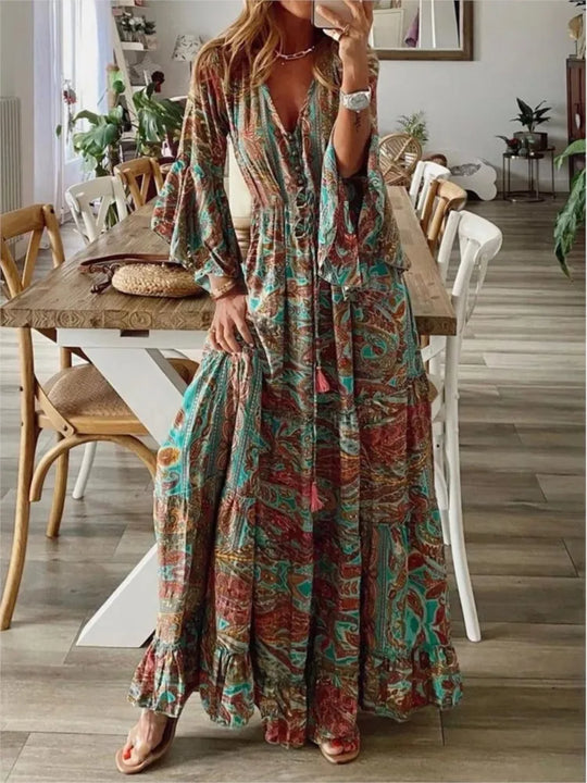 Boho Maxikleed met vloeiende pasvorm & details – Amira