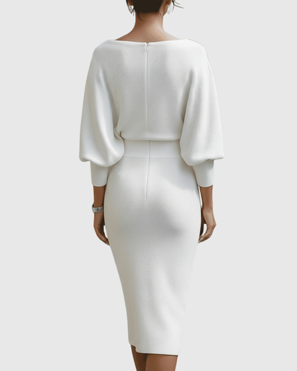 Women's Cowl Neck Batwing Sleeve Ribbed Midi Dress