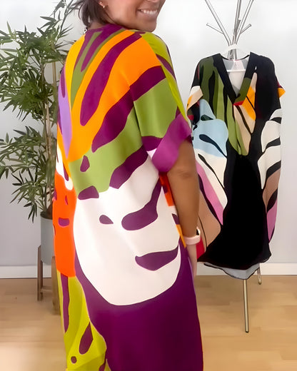Robe Femme Imprimé Feuillage Coupe Ample Col V Style Décontracté