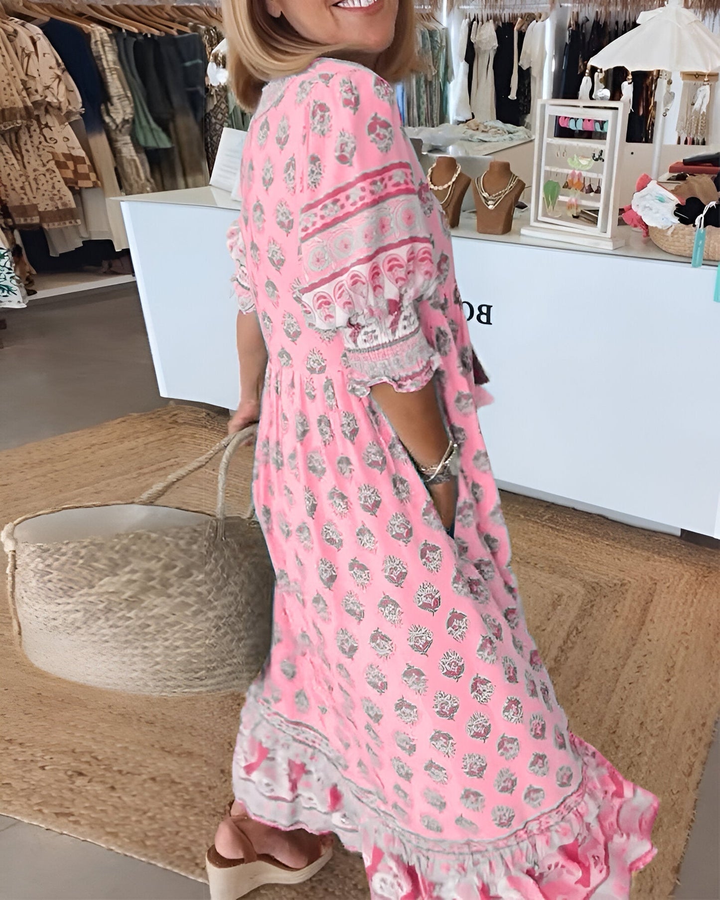 Inès – Robe maxi bohème à col en V motif floral femme