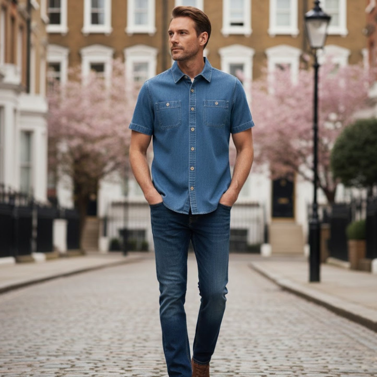 Chemise en jean à manches courtes pour homme 100% coton avec poches poitrine