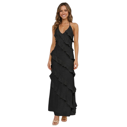 Robe Longue à Volants avec Col en V et Bretelles Spaghetti en Polyester