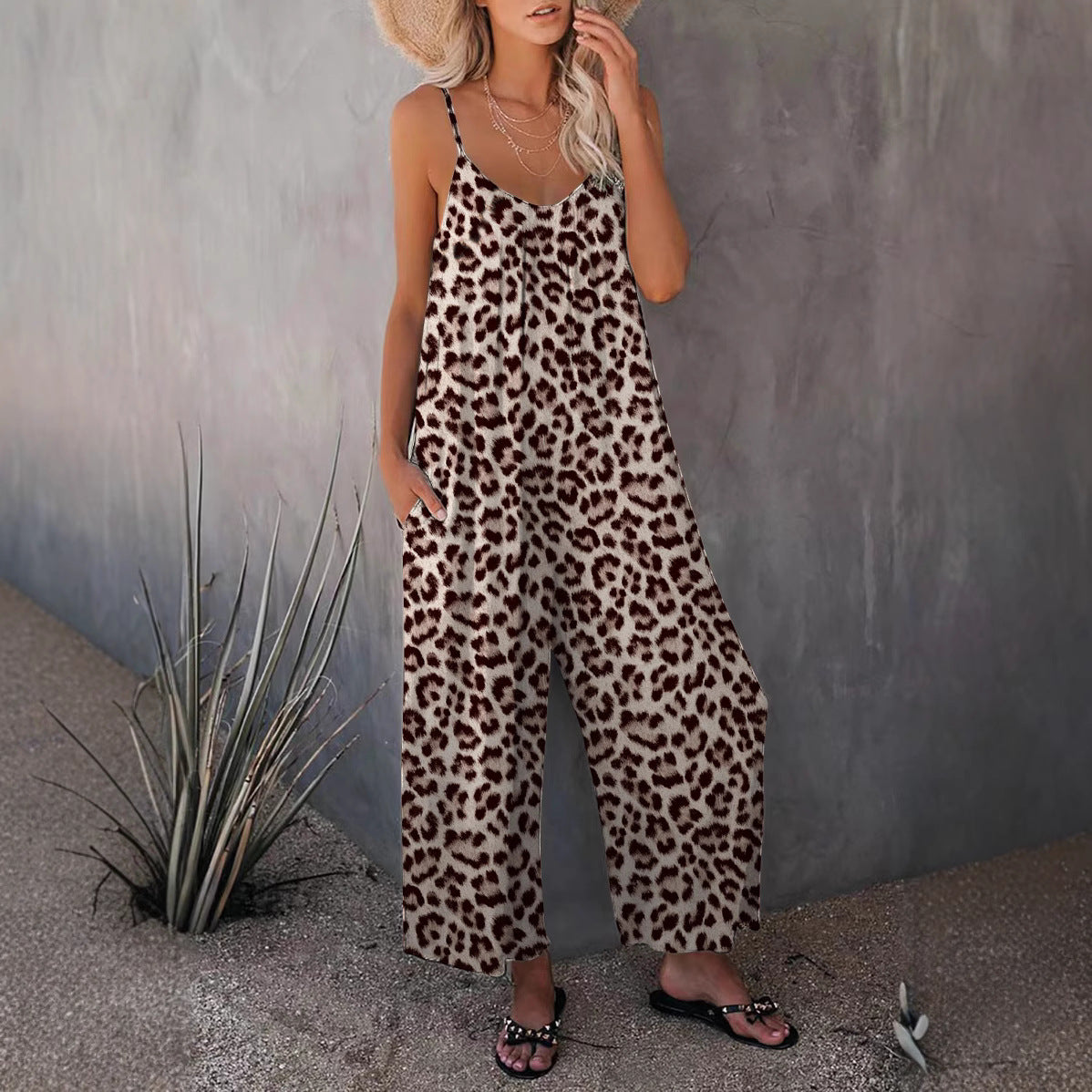 Sorax - Ärmelloser Leopard Muster Jumpsuit