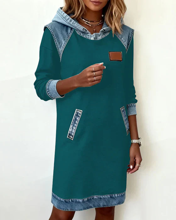 Hooded Sweatshirt Women Fleece Dress Denim Trim Hoodie