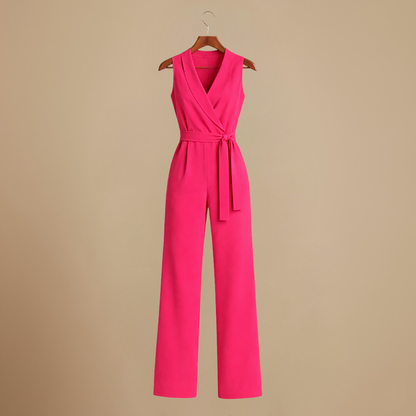 Women's casual v-neck wide leg jumpsuit with waist strap