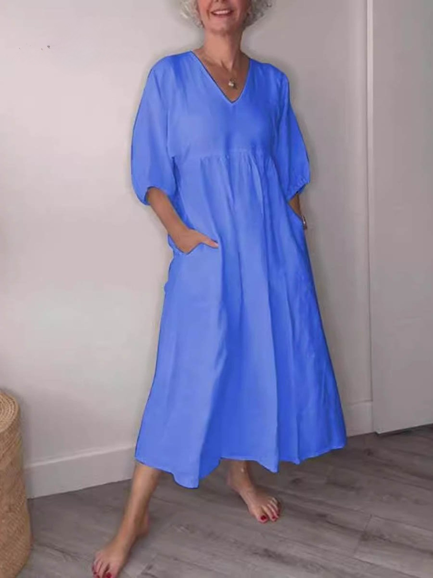 Women's V-Neck Linen Maxi Dress With Half Sleeves