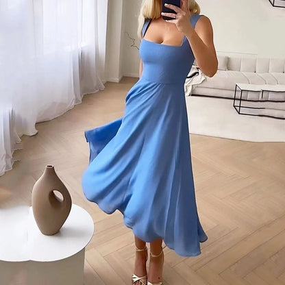 Women Wedding Guest Elegant Square Midi Dress