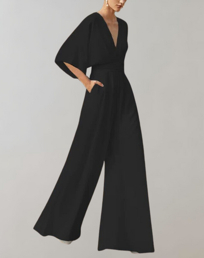 Combinaison Élégante à Col en V et Jambes Larges pour Femme – Tenue Confortable et Stylée