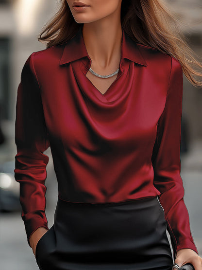 Chemisier en satin pour femme avec encolure drapée – Haut élégant à manches longues pour le travail et les soirées