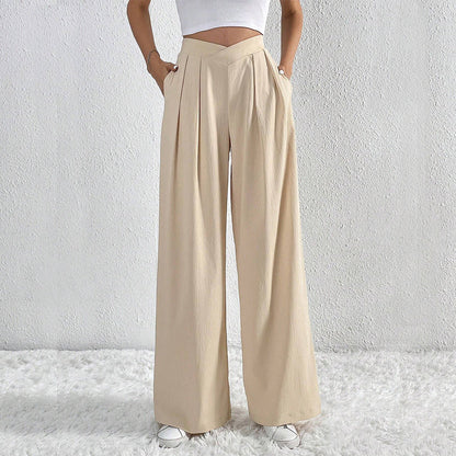 Pantalon Large Plissé Taille Haute Femme – Style Décontracté d’Été