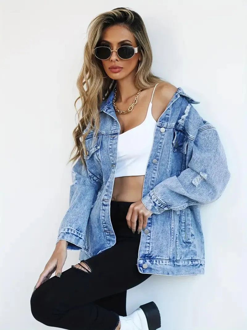 Giacca in denim oversize impermeabile e foderata da donna