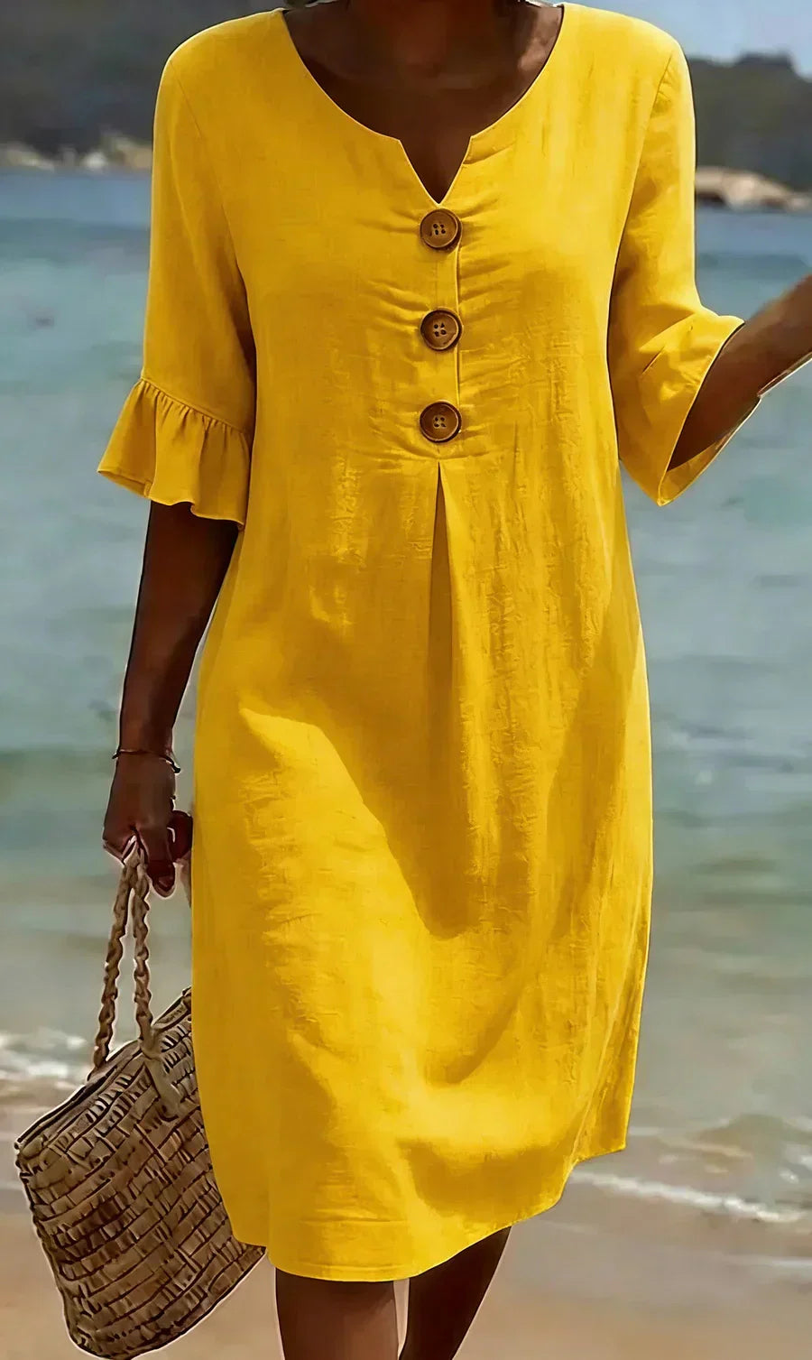 Mlaina - Button Front Ruffle Sleeve Midi Dress