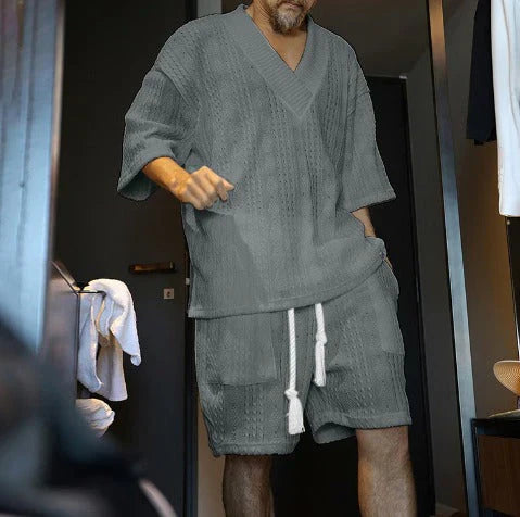 Men's Knit Two-Piece V-Neck Shirt Relaxed Fit Shorts Co-ord Set