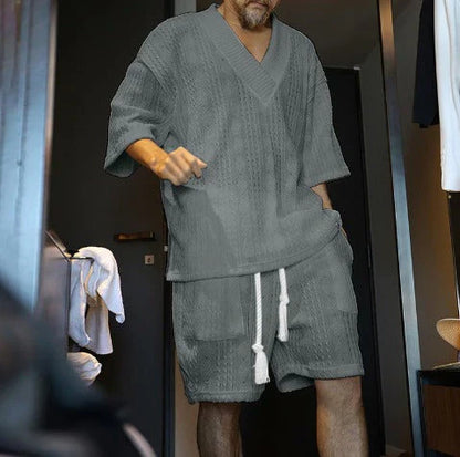Men's Knit Two-Piece V-Neck Shirt Relaxed Fit Shorts Co-ord Set