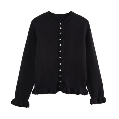 Ruffled women's cardigan with buttons, chic layered top