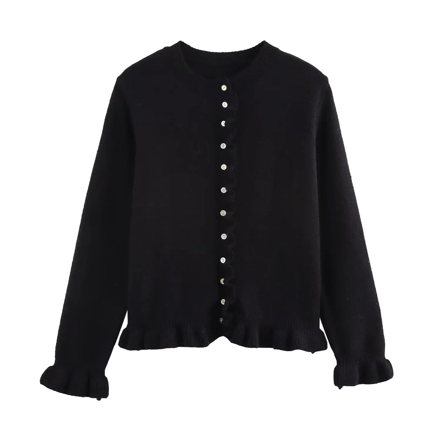 Ruffled women's cardigan with buttons, chic layered top