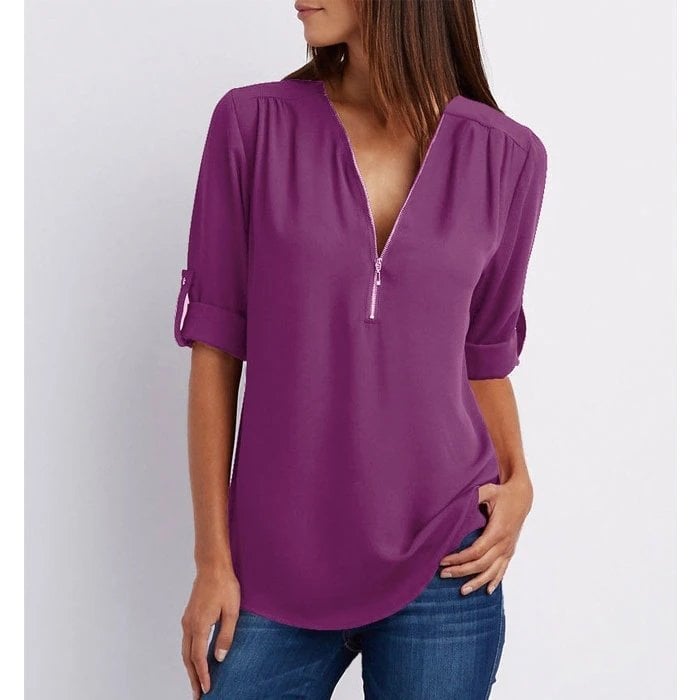 Women's Zip-Up V-Neck Half Sleeve Casual Blouse Top