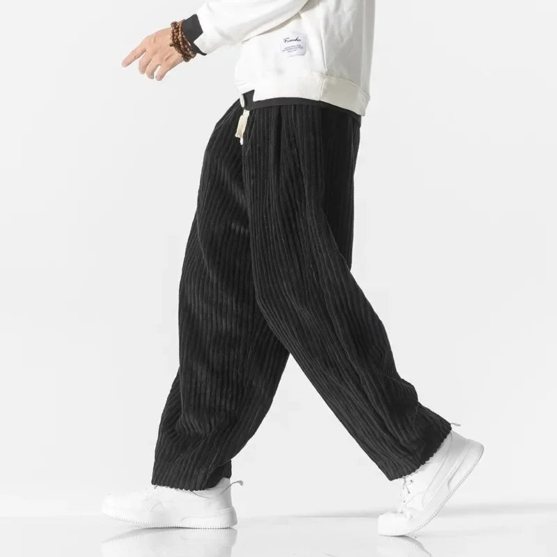 Men's Wide Leg Relaxed Fit Corduroy Baggy Trousers with Drawstring