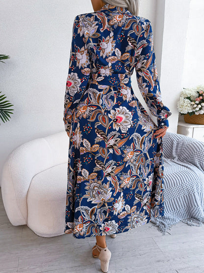 Women  Vintage Floral Print Lapel Tie Waist Shirt Maxi Dress