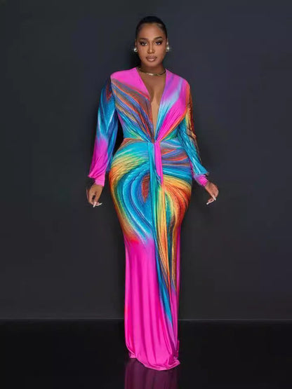 Maxikleid mit V-Ausschnitt und Batik-Faltenrock