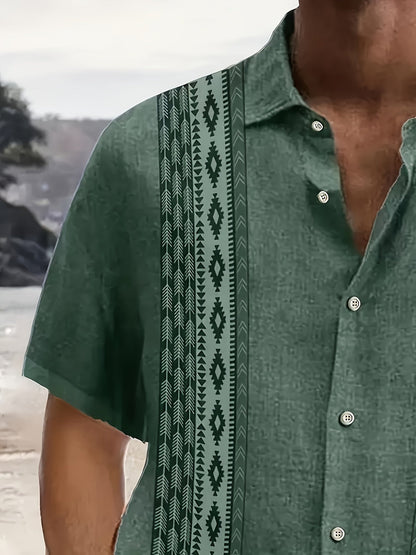 Helvryn | Heren Plus Size Shirt met Vintage Print – Geometrisch Etnisch Knoopshirt