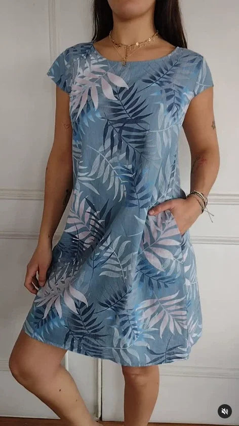 Women's Linen Tropical Print Shift Dress