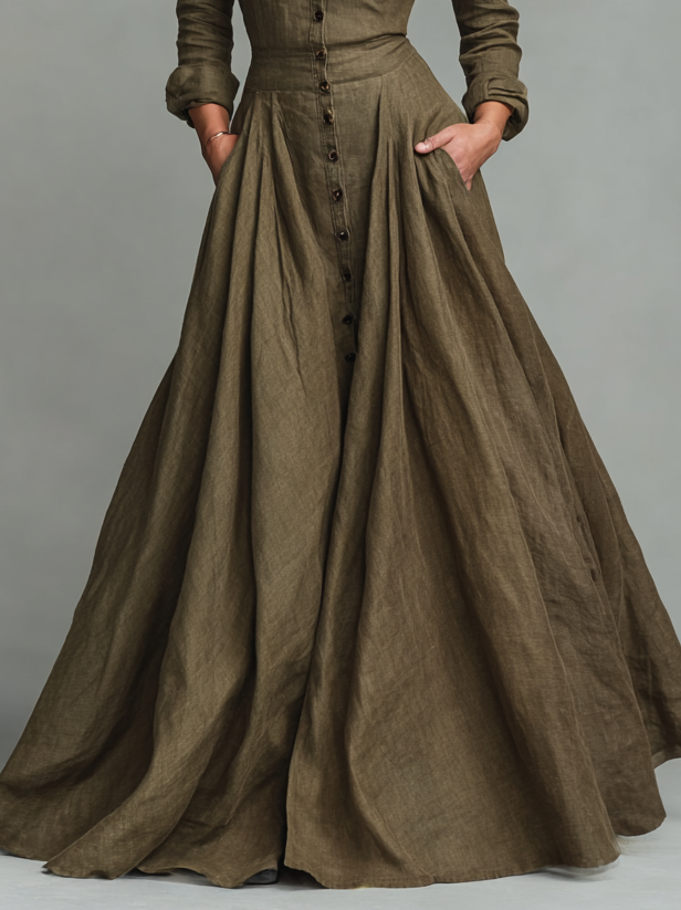 Vintage Maxi Dress for Women with Shirt-Style Bodice