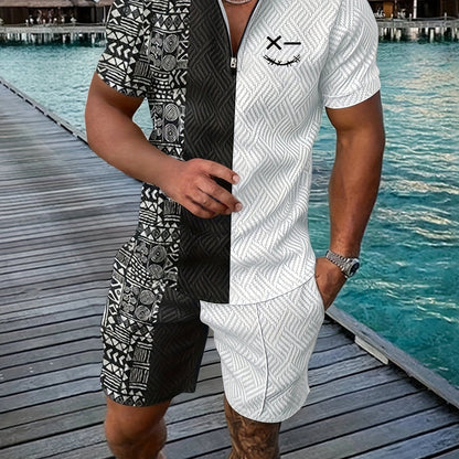 Xylaric | Casual tweedelige set voor heren – T-shirt met reverskraag en korte broek met trekkoord