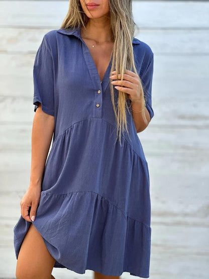 Robe Courte Femme Lin Coton Coupe Ample Col V Boutonné Été