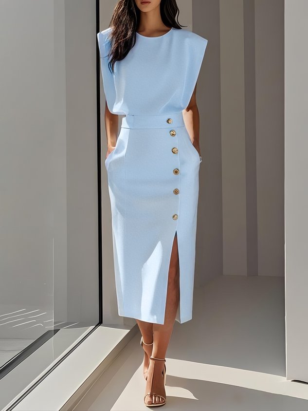 Audrey | Women’s Button Detail Sleeveless Midi Dress