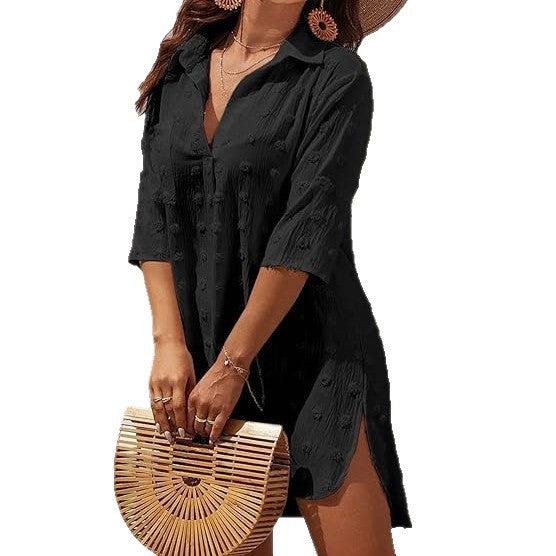 Women’s Solid-Color Three-Quarter-Sleeve Beach Cover-Up Dress – Sun-Protective Style