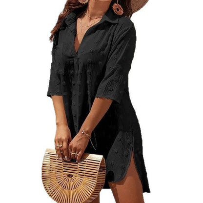 Women’s Solid-Color Three-Quarter-Sleeve Beach Cover-Up Dress – Sun-Protective Style