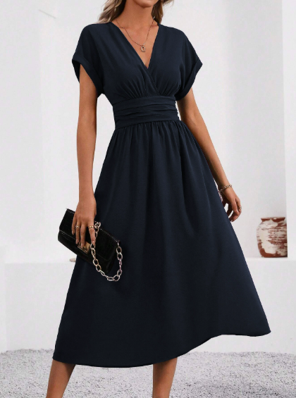 Damen V-Ausschnitt Plissiertes Kleid | Midi