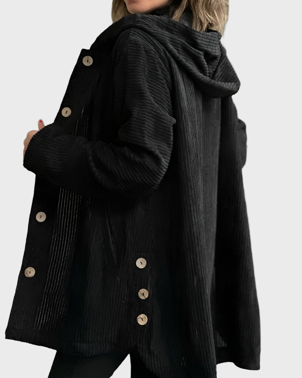 Adelgunde | Dames corduroy jas met capuchon – Casual herfst-winterjas met knopen aan de voorkant