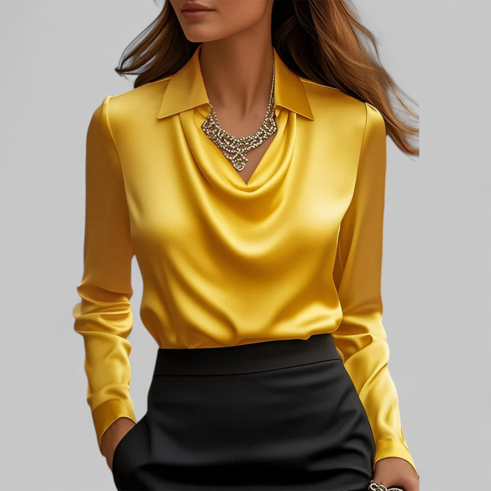 Rose | Women drapowany Neck z długim rękawem Satin Blouses
