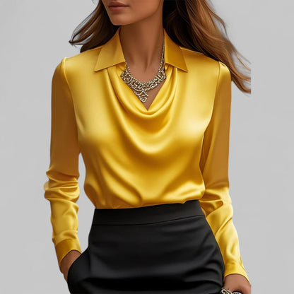 Rose | Women drapowany Neck z długim rękawem Satin Blouses