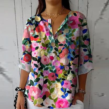 Women's Floral V Neck 3/4 Sleeve Blouse Top