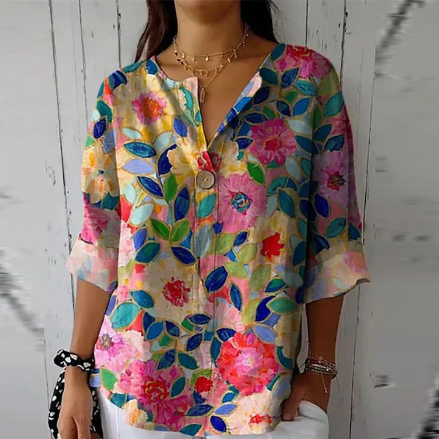 Women's Floral V Neck 3/4 Sleeve Blouse Top